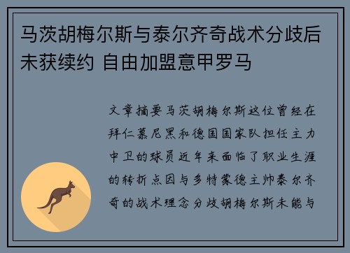 马茨胡梅尔斯与泰尔齐奇战术分歧后未获续约 自由加盟意甲罗马 马茨胡梅尔斯与泰尔齐奇战术分歧后未获续约 自由加盟意甲罗马