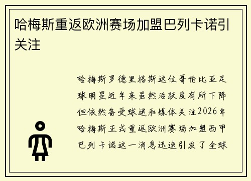 哈梅斯重返欧洲赛场加盟巴列卡诺引关注